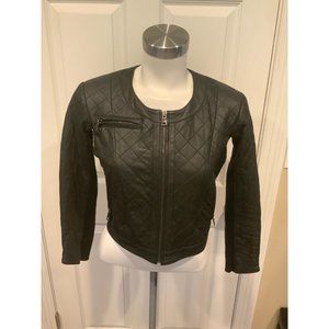 Yaya Aflalo Black Quilted 100% Leather Cropped Zip-Up Jacket, Size Small